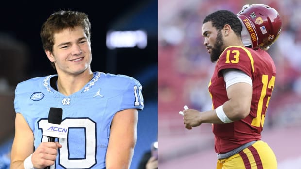 NFL draft prospects Drake Maye (left) from North Carolina and Caleb Williams (right) from USC.